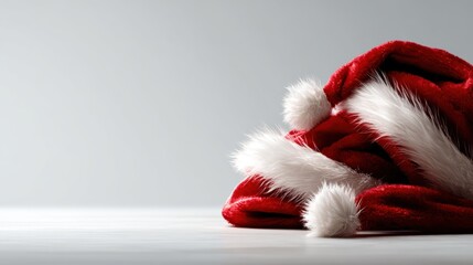 A cheerful collection of red Santa hats adorned with white fluffy trim, creating a festive ambiance that sparks joy and excitement for the holiday season.
