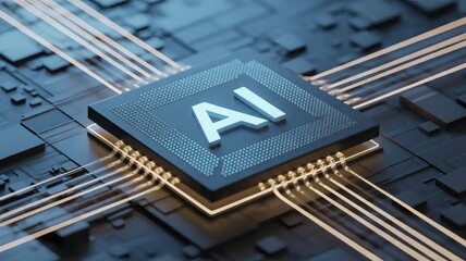 Processor with integration AI. AI Letters on chip. CPU connected to data storage. Artificial intelligence technology in electronic chip. Data processing by artificial intelligence chip. AI hardware.

