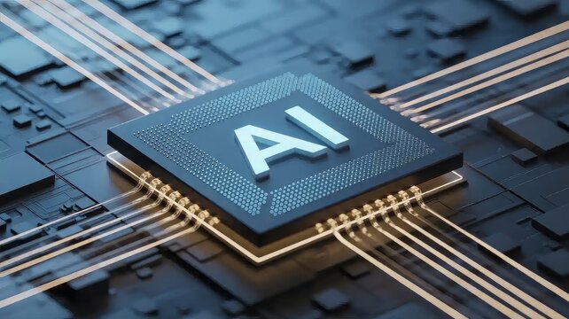 Processor with integration AI. AI Letters on chip. CPU connected to data storage. Artificial intelligence technology in electronic chip. Data processing by artificial intelligence chip. AI hardware.