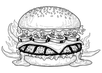 Grilled jalapeño cheeseburger vector illustration. Detailed hand-drawn monochrome sketch of a spicy BBQ burger with flames for a restaurant menu or coloring book page.

