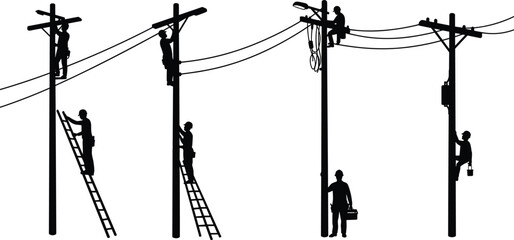 Utility workers silhouette, climbing poles, repairing power lines, electrical maintenance, teamwork, safety gear, ladder work, infrastructure repair, electricity service, telecommunication