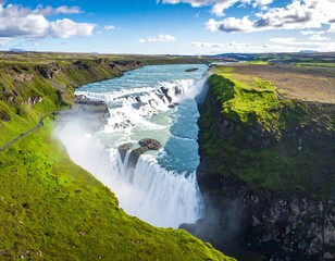 Panoramic view of a powerful waterfall cascading down a rocky cliff into a river valley
