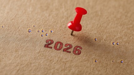 Red Push Pin Marking Year 2026 on Paper Background
