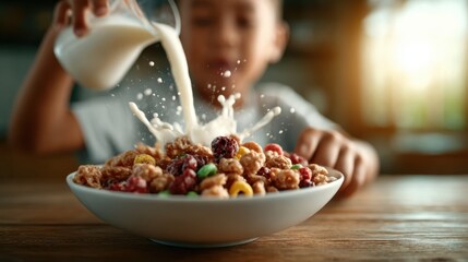 A joyful child pouring milk over a colorful bowl of cereal, capturing the essence of a fun breakfast moment filled with smiles and excitement in a cozy kitchen.