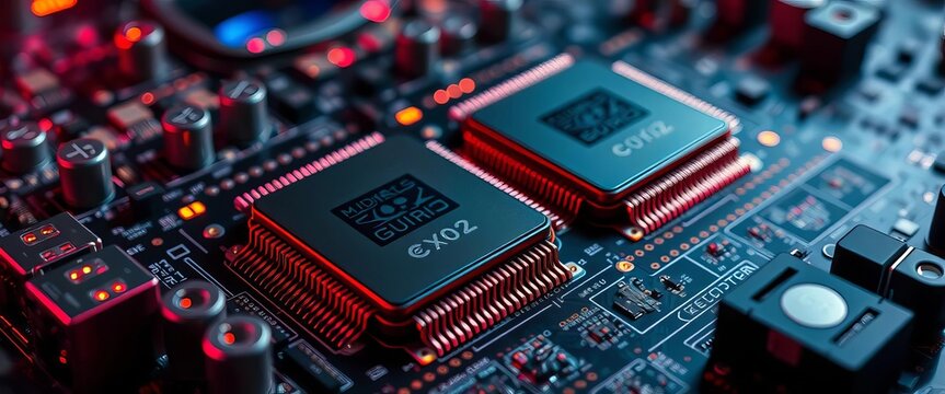 Close-up of multiple CPU processors on a motherboard,  electronics,  innovation
