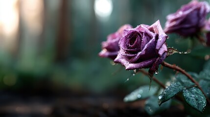 A close-up of beautiful purple roses adorned with dew drops, set against a blurred forest backdrop, showcasing nature's delicate beauty and evoking emotions of renewal.