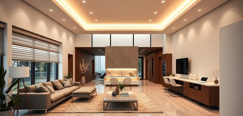 Modern minimalist smart home interior with automated lighting and appliances,  network,  appliances
