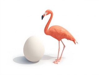 Fototapeta premium Colorful Flamingo Standing Next to Large White Egg on White Background
