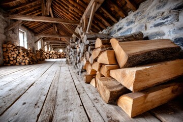 Stacking firewood logs in rustic wooden barn interior