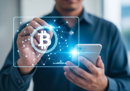 Man holding a smartphone and interacting with a holographic bitcoin symbol with a network connection overlay