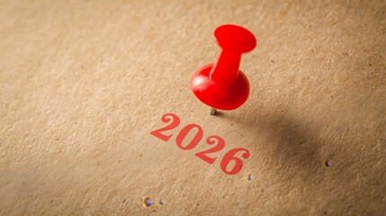 Red Push Pin Marking Year 2026 on Paper Background