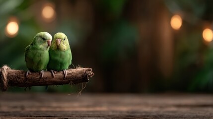 A pair of vibrant green parrots sit closely together on a branch, symbolizing love and companionship in a natural and serene environment.