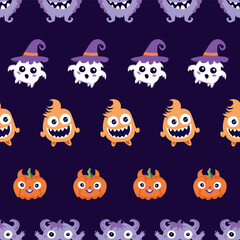Vibrant and Colorful Halloween Patterns Featuring Spooky Ghosts, Cheerful Pumpkins, and Fun Monsters