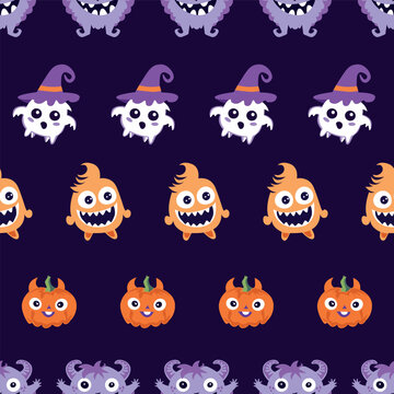 Vibrant and Colorful Halloween Patterns Featuring Spooky Ghosts, Cheerful Pumpkins, and Fun Monsters
