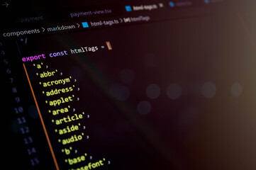 Close-up of JavaScript code displaying an array of HTML tags, representing web development, markup language education, frontend coding structure, and syntax elements in digital programming.