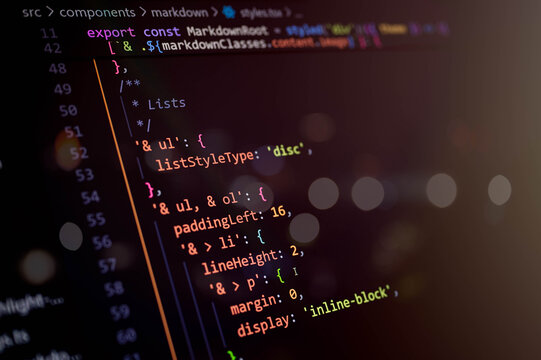 Close-up of CSS-in-JS Markdown styling code with list formatting and layout properties, representing modern frontend UI development, component design, and clean coding practices.