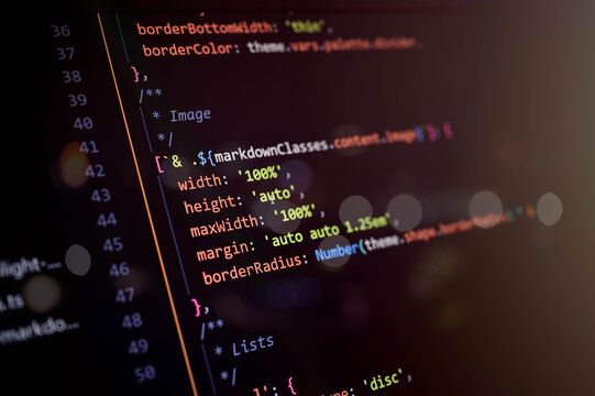 Close-up of CSS-in-JS image styling code with responsive properties like width, height, margin, and border radius, representing modern frontend UI development and clean visual layout design.