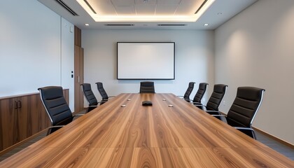 A modern boardroom with a large table, chairs, and a projector screen