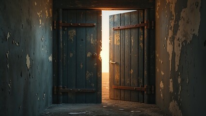 Closeup of a rusty hinge on a worn, weathered wooden door. A detailed, textured shot of aged metal and wood, perfect for rustic or industrial themes.
