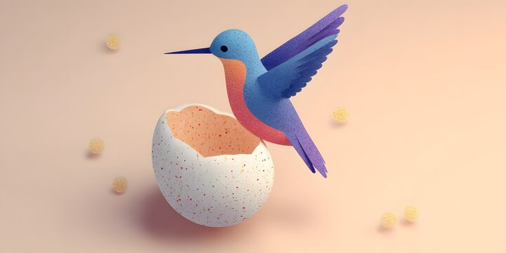 Conceptual art of colorful hummingbird flying from broken egg