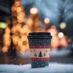 Christmas Coffee Cup Outdoors with Festive Lights and Snow