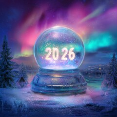 Magical Snow Globe with Glowing 2026 and Northern Lights