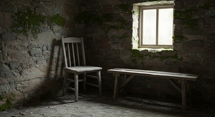 Rustic room interior with wooden chair and bench near a window