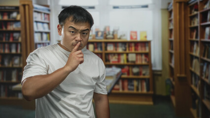 Young chinese man in white shirt points finger to lips for silence in library amid bookshelves; serenity.