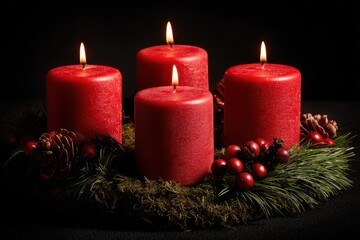 Festive Natural Advent Crown with Four Glowing Red Candles, Charming Christmas Arrangement from France