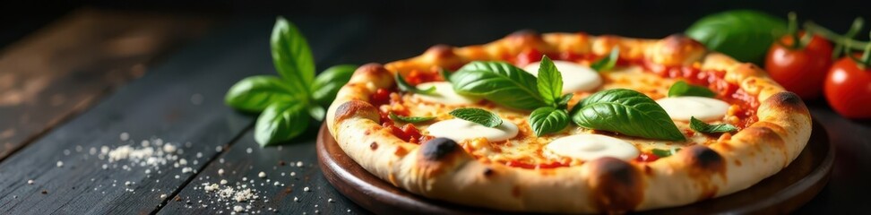Fragrant Margherita pizza, mozzarella, basil, tomato sauce Black background , tasty, herb, cheese