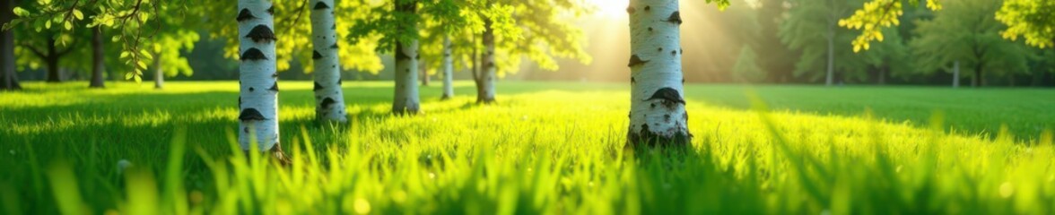 Four slender birches, delicate new leaves, spring sunlight on a green field , countryside, woodland, tree