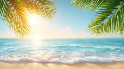 Obraz premium Tropical beach scene with palm leaves and sun flare over calm ocean waves creating peaceful and warm atmosphere