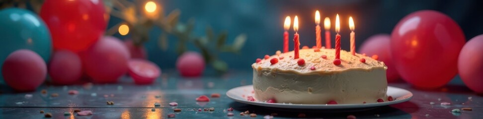 Frosted cake, glowing candles, bright balloons nearby , dessert, balloons, fun
