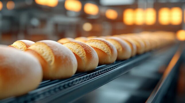 Bread factory, Freshly baked bread rolls on a conveyor belt in a bakery.
