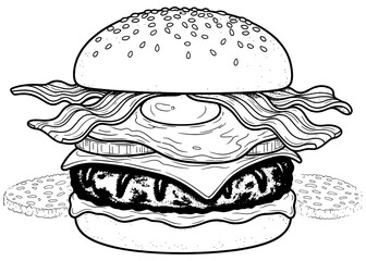 Breakfast burger platter with fried egg, bacon, and hash browns. Detailed monochrome vector illustration of a brunch meal with coffee for a restaurant menu or coloring book.


