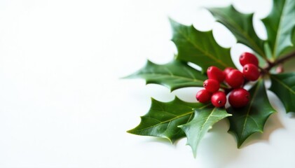 Isolated holly branch with berries, elegant Xmas arrangement, white tabletop, winter, isolated