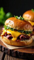 Juicy roast beef sandwich, overflowing with cheese, sits on rustic wooden table , appetizing, vegetables, food