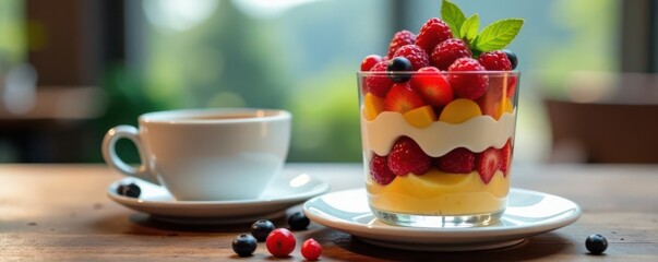 Layered fruit parfait in glass jar, beside coffee , food styling, breakfast
