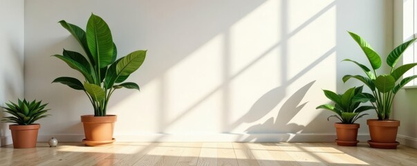 Minimalist loft interior, potted plants on wood floor, loft, minimalist