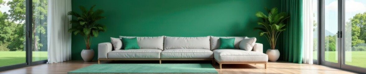Modern grey living room, eucalyptus green accent wall, copy space, apartment, accent wall, stock photo