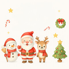 Cute watercolor Christmas template with Santa Claus, reindeer, snowman, tree, and holiday decorations.
Perfect festive background for greeting cards, invitations, posters, and seasonal
