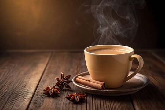 Steaming cup of masala chai tea on a rustic wooden table