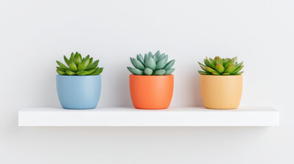 Obraz premium Succulent plants in colorful pots arranged on modern white floating shelf create fresh and minimal decorative display