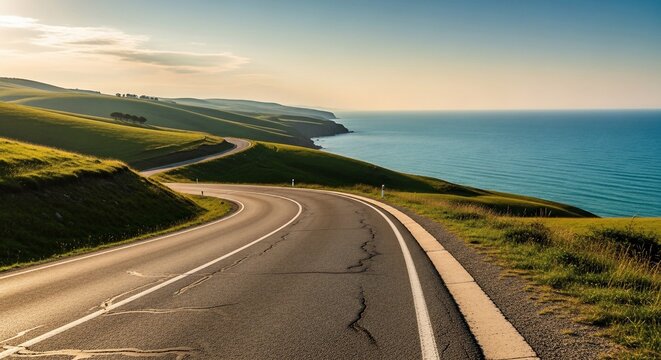 A scenic winding coastal road with green hills on one side and the vast blue ocean on the other under a clear sky. - Powered by Adobe