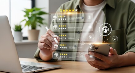 Customer Rating and Online Review Management for Local Business Shown on Smartphone and Laptop with Star Ratings, Feedback Icons, and Digital Marketing Concept for SEO Visibility and Reputation Growth