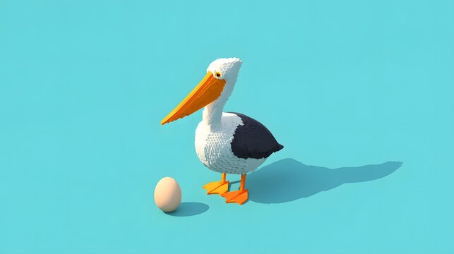 3D Illustration of Pelican Next to a Single Egg on Blue Background