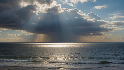Dramatic Sunlight Breaking Through Clouds Over Tranquil Ocean Landscape Scenery
