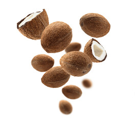 Whole and half cocoanuts levitate on a white background