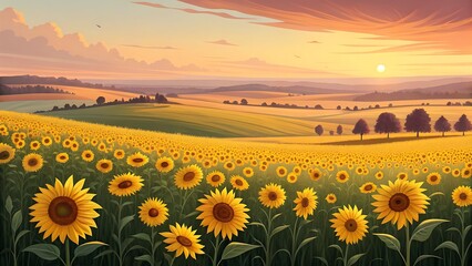 Fototapeta premium Sunflower field in sunlight during the golden summer