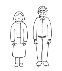 おじいちゃんとおばあちゃんの可愛らしいカップルのイラスト。線画。
